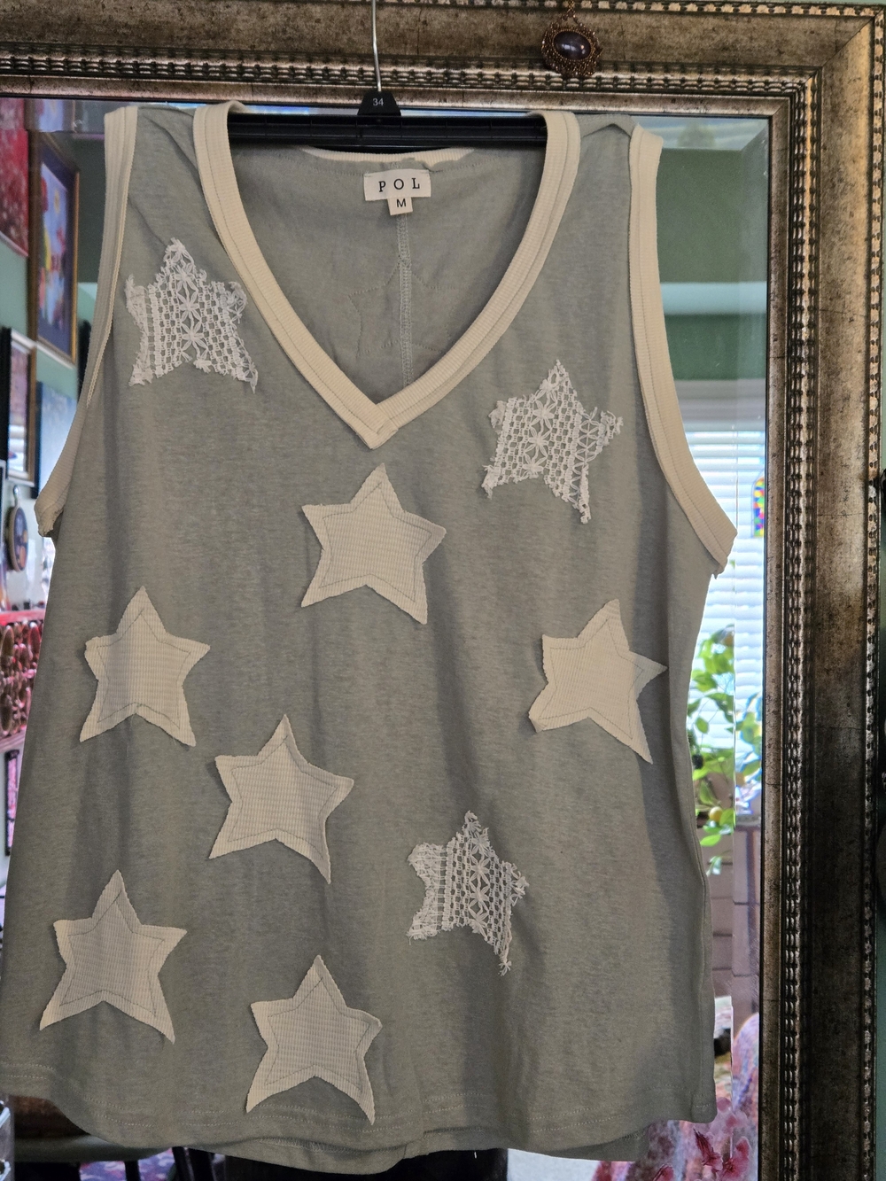 Like New: POL Light Sage Green Sleeveless V-Neck Tank w/ White Star Appliqués